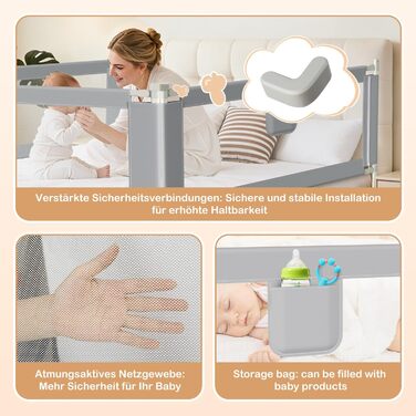 Захисний бортик для ліжка дитячий Ikodm 2x200 см + 1x180 см, регульована висота 64-96 см, сірий