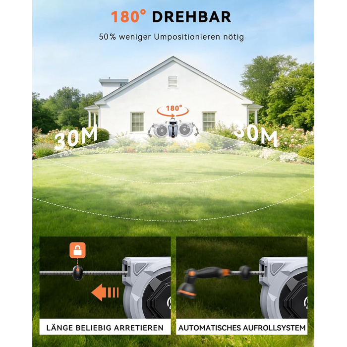 Шланговий барабан SUNPOW настінний 30м для саду, тераси та двору. Автоматичний намотувач, поворотна стіна, 10 функцій розпилення. Діаметр 16 мм.