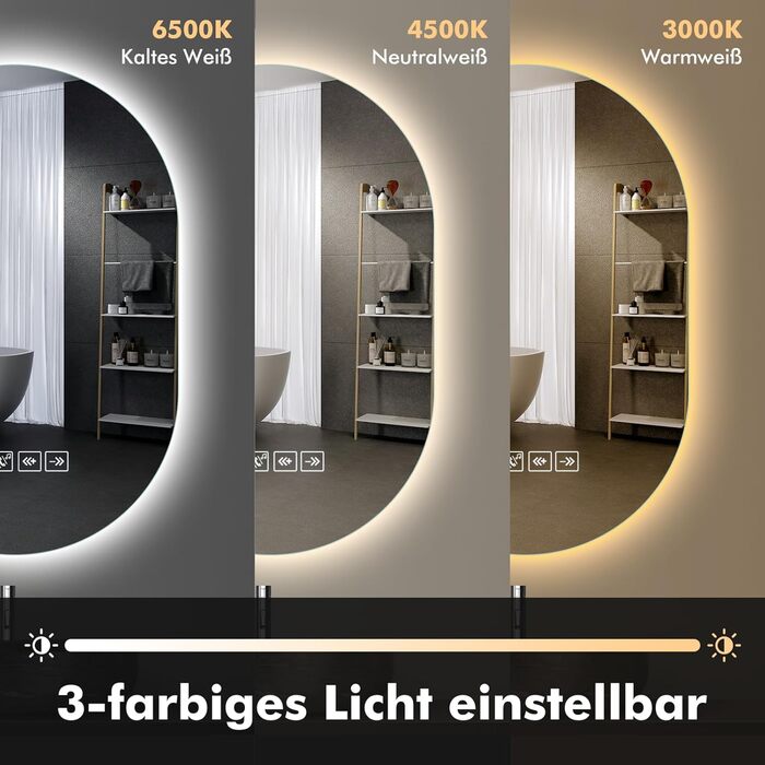 Дзеркало для ванної кімнати Worshow з підсвічуванням 50x70 см, прямокутне, LED, з антизапарюванням, Bluetooth, 3 режими кольору, таймер, пам'ять, сенсорне керування