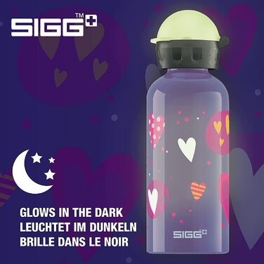 Дитяча пляшка для пиття SIGG Glow (0,4 л), Дитяча пляшка для пиття SIGG Glow з герметичною кришкою, алюмінієва легка пляшка для пиття Glow Heartballoons (Повітряні кулі Glow Heartballoons), що не містить забруднюючих речовин, з герметичною кришкою.