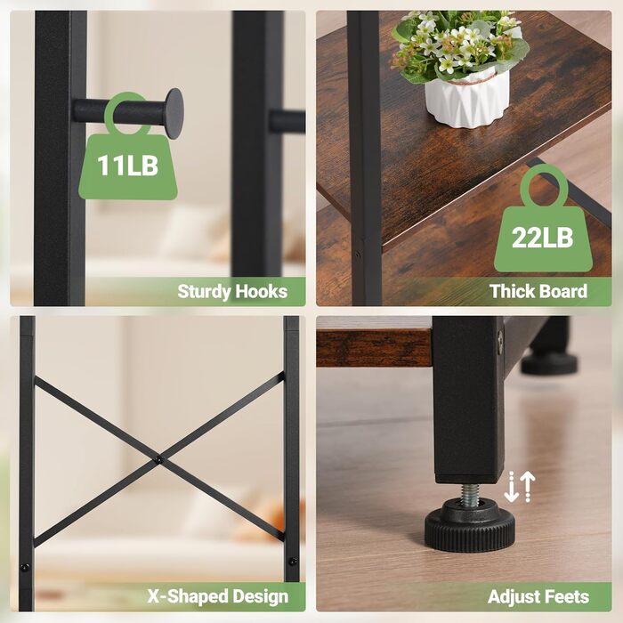 Вільна стійка для одягу ELYKEN з 3 полицями та 12 гачками, для передпокою, спальні, офісу, шафа-органайзер для шапок, пальто, шарфів, рустичний коричневий