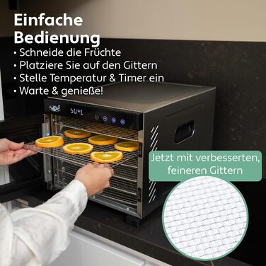 Дегідратор Vita 5 з 6-ма решітками з нержавіючої сталі - 0,7 м² сушарної поверхні, регулювання температури (35-75°C) для фруктів, овочів, м'яса. 650W, 24H таймер, LED дисплей, 6 етапів, нержавіюча сталь