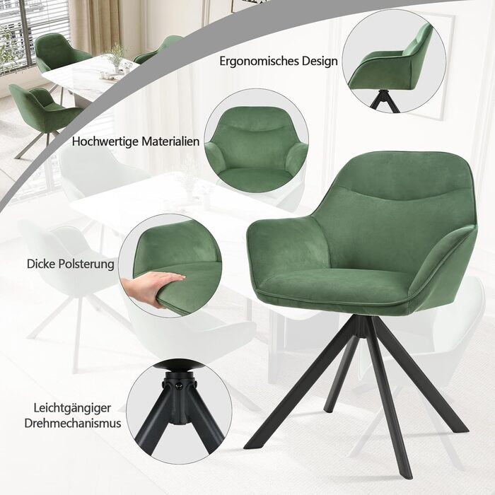 Набір обертових стільців для їдальні з підлокітниками (2 шт.), зелені