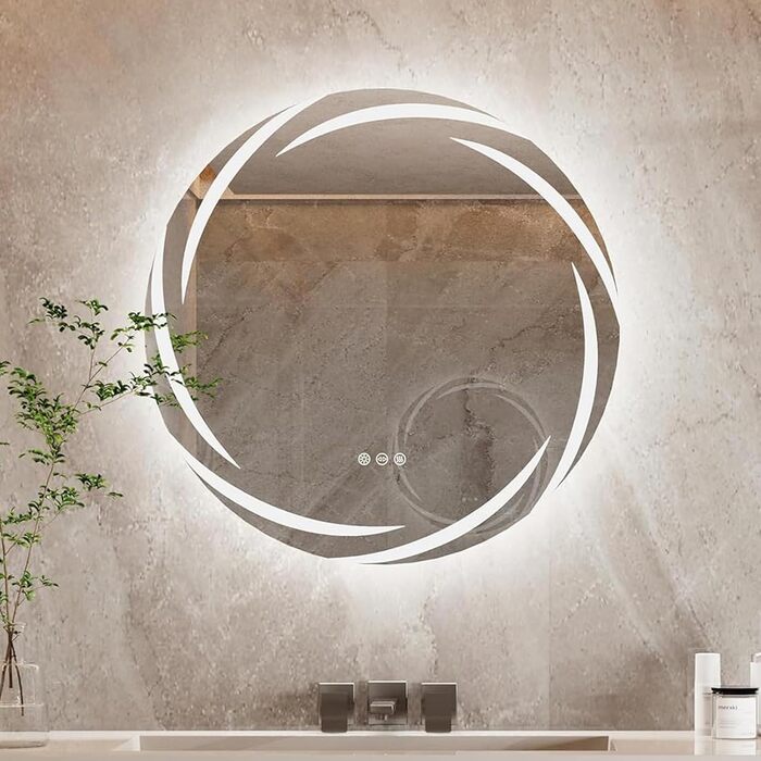 Круглий дзеркало для ванної кімнати LUVODI з підсвічуванням: LED дзеркало круглої форми 60 см з фоновою підсвіткою, 3 кольори світла, регулювання яскравості, сенсорна кнопка, запобігання запотіванню, енергозбереження, для ванної кімнати, для гостей, туале