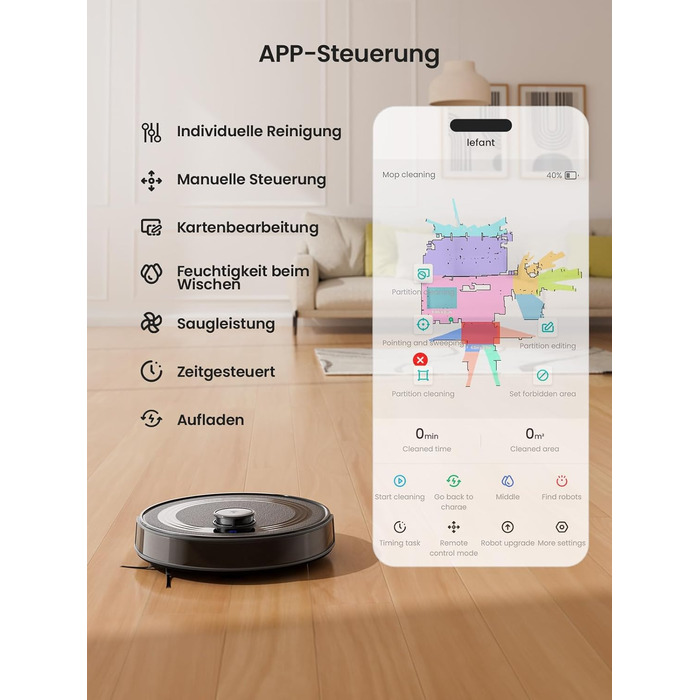 Робот-пилосос LEFANT M2 з функцією миття підлоги, 6000Pa, LiDAR-навігація, зони заборони, керування через APP/Alexa, для шерсті тварин, килимів та твердих підлог (M2B)