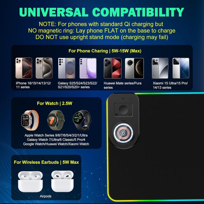 RGB ігровий килимок для миші з бездротовою зарядкою Qi 15W, LED підсвічуванням, 10 режимів, водонепроникний, протиковзкий, для геймінгу, офісу та дому (чорний)