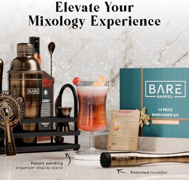 Набір бармена BARE BARREL Mixology з 14 предметів, шейкер для шевців з матової латуні 24 унції, 35 карток рецептів