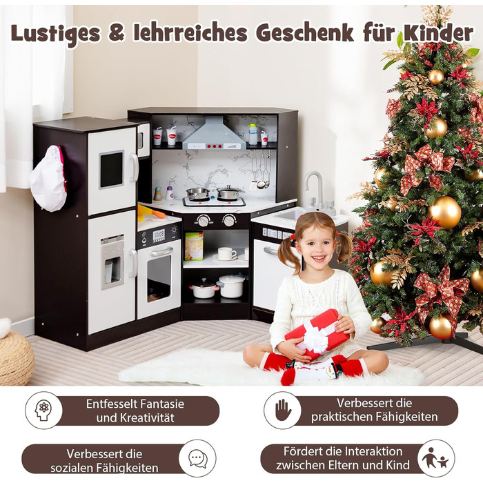 Дерев'яна дитяча кухня DREAMADE з аксесуарами (16 шт.), кухонний кутовий набір з плитою, духовкою, мийкою та дощечкою, ігровий кухонний набір з підсвіткою та звуком для дівчаток віком від 3 років (колір: коричневий)