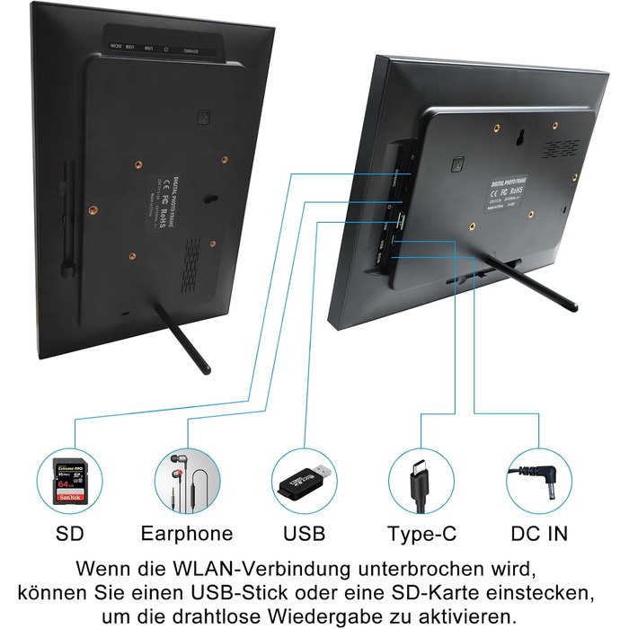 Цифровий фоторамка Frameo WLAN, 10.1 дюйми, LCD сенсорний екран 1280x800, 32GB, автоматичне обертання, підключення Wi-Fi, сумісний з додатком Frameo