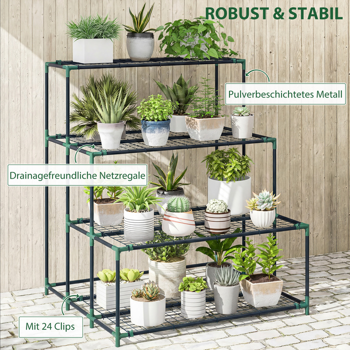 Багатоярусна підставка для квітів на 4 рівнях, висотою 110 см, з 24 кліпсами, полиця для рослин зі сталі, темно-зеленого кольору