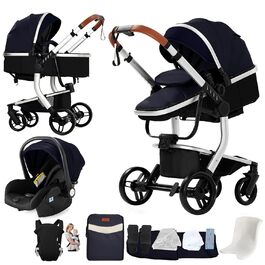 Дитяча коляска Nine Point Nine 3 в 1 з PU-шкіри, алюмінієвий каркас (L518 SilverBlue), комплект з люлькою та пеленатором