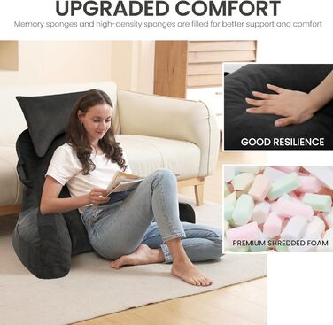 Підлогове крісло для читання з підголівником (Oeko-Tex), м'яке спинне крісло з підлокітниками та кишенями для дорослих, зручне ліжко-крісло з Memory Foam для гуртожитку (Сірий, Преміум Великий)