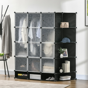 Стелажна система HOMCOM DIY з 16 відділеннями та 2 штангами Полиця для кубика своїми руками, полиця для зберігання одягу, взуття, чорний 145 x 46 x 162 см