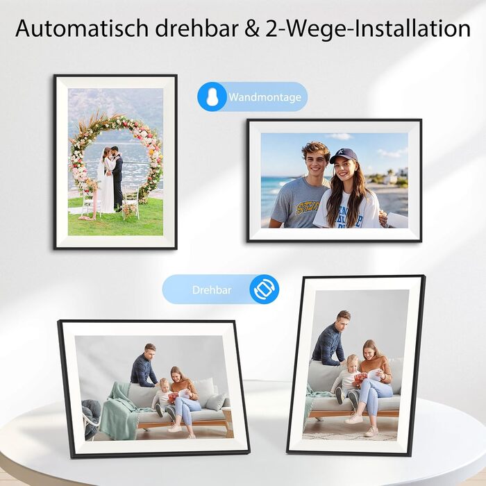 Цифрова фоторамка Frameo 10.1 дюймів WLAN, Full HD IPS сенсорний екран 1280x800, 32GB пам'ять, автоматичний поворот, можливість монтажу на стіну, керування через додаток Frameo (Чорна з білою рамкою)