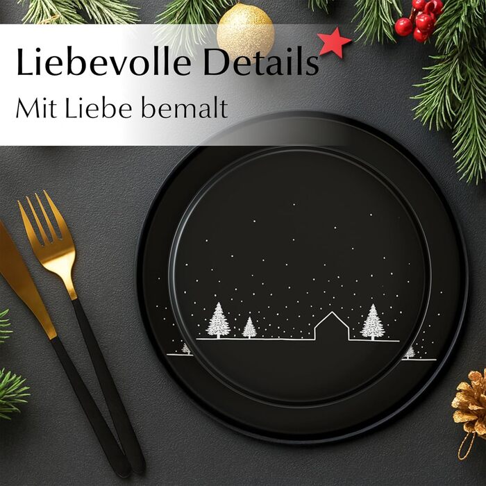 Набір чашок Miamio на Новий рік, 4 шт, 500 мл, чорні / Кавові чашки для святкування, мінімалістичний зимовий дизайн, подарунок на Новий рік, придатні для миття в посудомийній машині та використання в мікрохвильовій печі – Зимова колекція