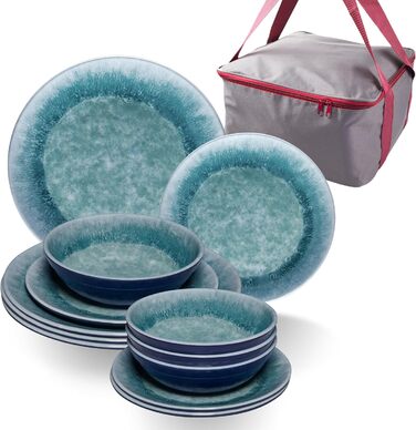 Набір посуду Melamin Adria Blue (13 предметів) - посуд для кемпінгу, подорожей, пікніків, табору, дачі. Миючий посуд, стильна керамічна імітація, для 4 осіб.