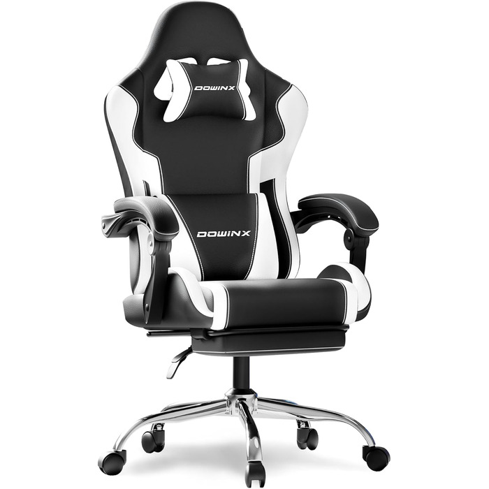 Ігровий крісло Dowinx з підніжкою та масажем попереку. Ергономічне, комфортне, з підголовником. Ідеально для офісу, дому, стрімінгу та тривалих ігрових сесій, біле.