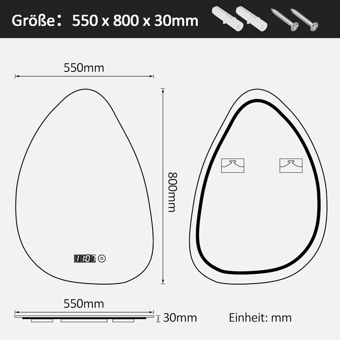 Дзеркало для ванної кімнати з підсвічуванням та годинником 50x70 см, LED, сенсорне керування, 3 кольори світла, диммування, 2470LM, стиль Jy01