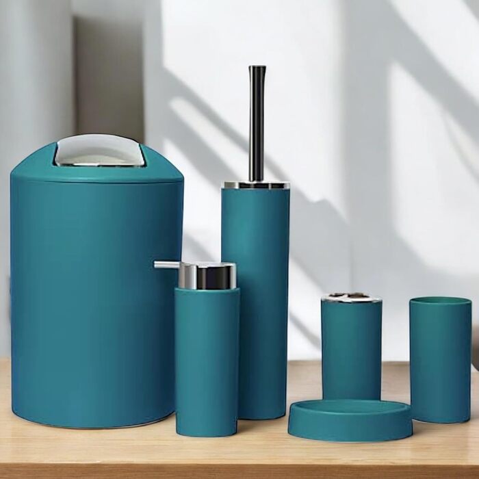Набір аксесуарів для ванної кімнати 6tlg Badset: мильниця, стакан для зубних щіток, контейнер для косметики, щітка для унітазу з тримачем, мильниця, сміттєвий бак, тримач для зубних щіток, габардин для ванної (темно-бірюзовий дизайн 2a)