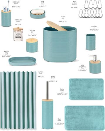 Набір аксесуарів для ванної кімнати IMAVO, 9 предметів: сміттєвий бак, дозатор мила, мильниця, тримач для зубних щіток, стакан для зубних щіток, тримач для унітазного йоржика, диспенсер для ватних паличок (Блакитний, 26 предметів + шторка для душу з факту