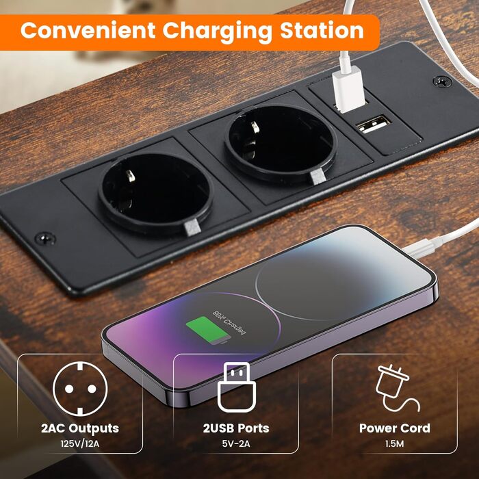 Нічні тумбочки EGGREE (2 шт) з зарядною станцією та шухлядами з тканини, колір вінтажний коричневий, для спальні, невеликих кімнат, готелю та апартаментів. USB-порти та розетки.