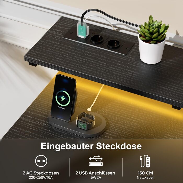 Комп'ютерний стіл з 8 висувними ящиками, 2 розетками, 2 USB-портами, LED-підсвічуванням та підставкою для монітора, 120 x 50 x 74 см (Чорний)