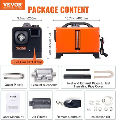 Автономний дизельний опалювач VEVOR 12V 5kW з LCD-дисплеєм, пультом дистанційного керування та Bluetooth, 0.16-0.52 л/год
