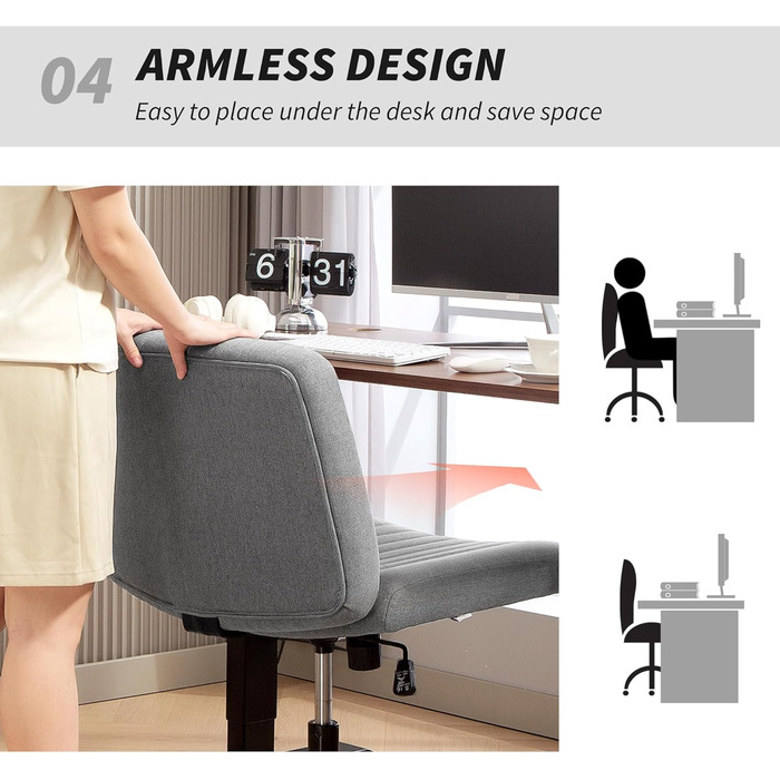 Крісло офісне без підлокітників HOMCOM, сіре, з регулюванням висоти та функцією нахилу