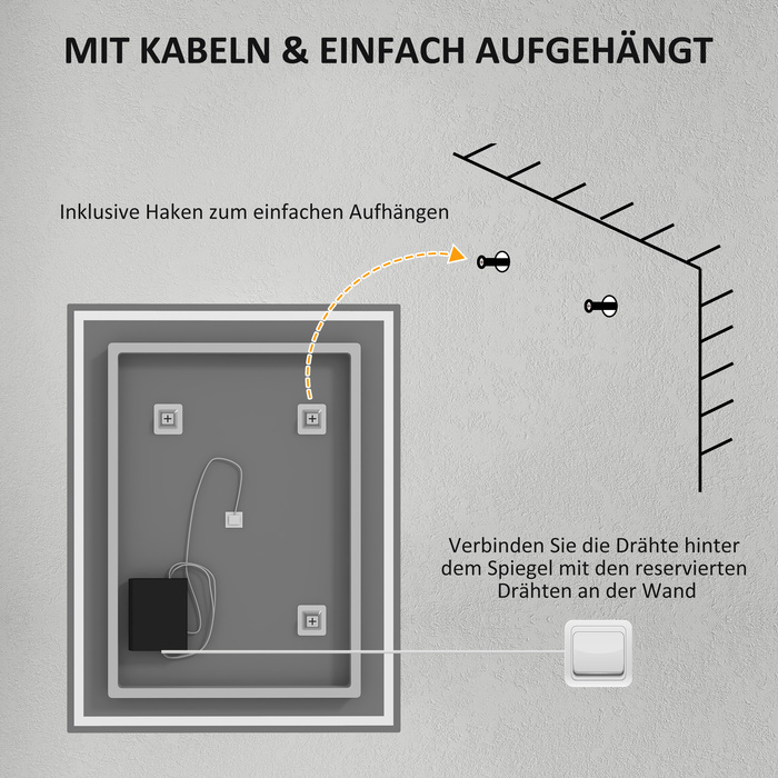 Дзеркало для ванної кімнати 90x70 см зі світлодіодним підсвічуванням, LED-дзеркало для стіни з функцією пам'яті та 3 кольорами світла, срібне