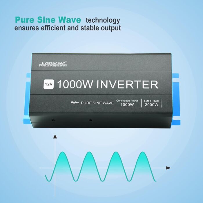 Інвертор 1000 Вт від 12 В до 230 В чистий синус, 1000 Вт інвертор від 12 В до 230 В для автофургонів, дому, вантажівки, інвертор від 12 В до 230 В з кабелями акумулятора, 2 USB та 1 розетка змінного струму, РК-дисплей