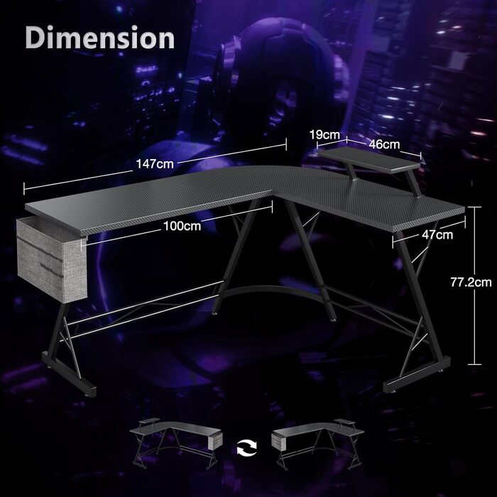 Ігровий стіл ODK L-подібної форми з підставкою для монітора, вуглецеве волокно чорний, 147 x 120 см