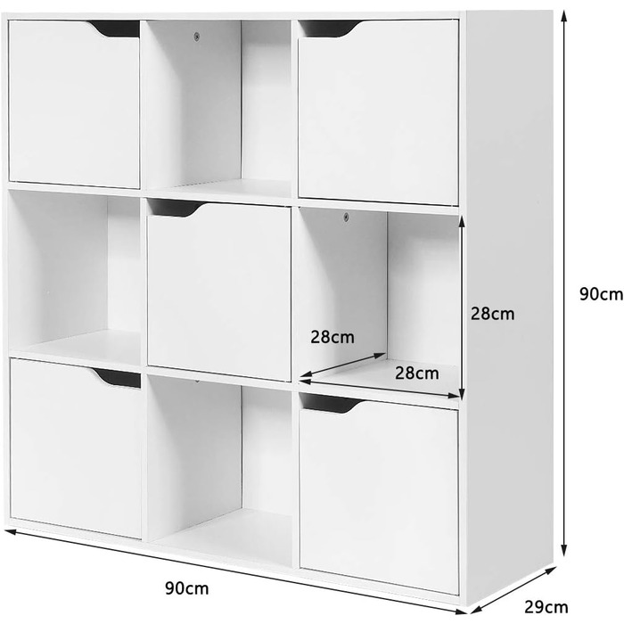 Книжкова шафа COSTWAY з 9 відділеннями, 5 дверцятами, стояча полиця, окремо стояча офісна полиця, стелаж для документів Полиця для зберігання файлів, 90 x 29 x 90 см (білий) 90 x 29 x 90 см білий