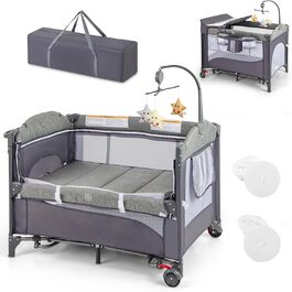 Детское путешествие: дорожное детское ложе DREAMADE 5-в-1 с матрасом, колесами, пеленальной доской и музыкальной шкатулкой, 110x76 см, с сумкой для переноски, для новорожденных и малышей (Зеленый)