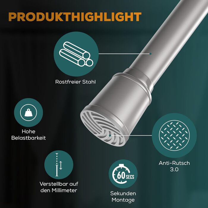 Штанга для штор без свердління 370-420 см, Ø 32 мм, сіра - штанга для кріплення штор, душової кабіни, дверей та шафи