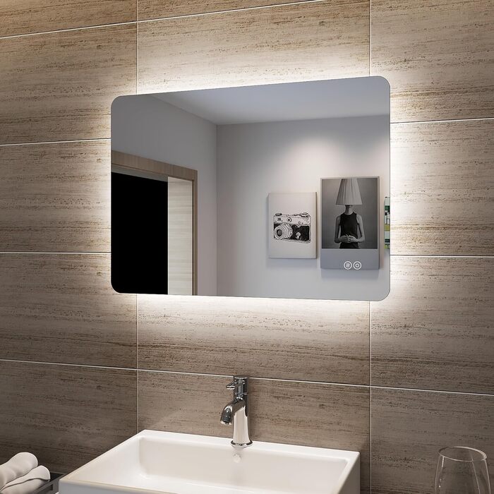 Дзеркало для ванної кімнати SONNI LED з підсвічуванням 50x70 см, сенсорне керування, 3 кольори світла, проти запотівання, функція пам'яті, білий