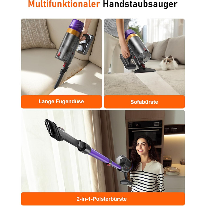 Бездротовий акумуляторний пилосос 50000Pa, 580W, 70 хвилин, 1.8L з дисплеєм, самостійна підставка, док-станція на стіні, антизаплутувальна щітка, 8-рівнева фільтрація, для шерсті тварин/килимів/твердих поверхонь/автомобіля