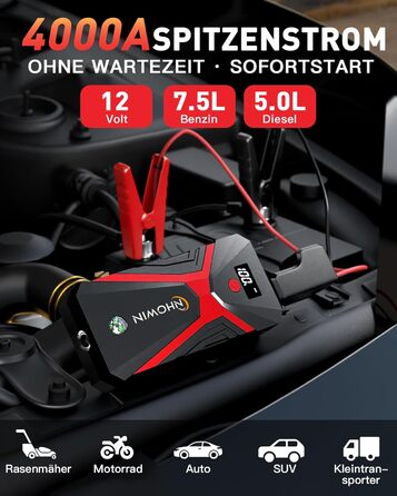 Powerbank Starthilfe 20000 mAh для автомобіля 12V з кабелями та LED-ліхтарем. Запуск авто до 7.5л бензину або 5.0л дизеля. 4-в-1 функція. Підходить для подорожей та надзвичайних ситуацій.