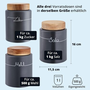 Набір контейнерів для картоплі, цибулі та часнику KHG, 3 шт., кераміка, бамбукові кришки, сірий антрацит, об'єм 3 л та 1,5 л (для борошна, солі, цукру)