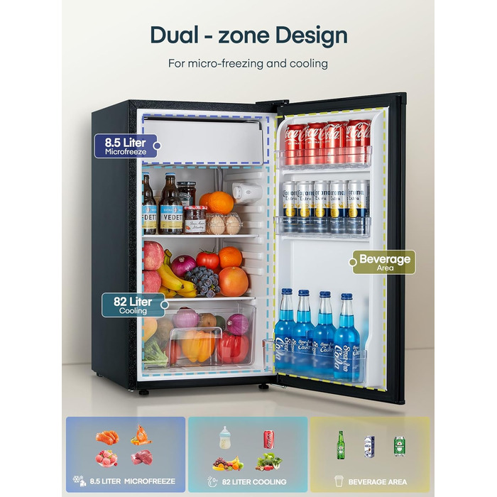 Компактний холодильник FOHERE на 90л з морозильною камерою, відділенням для овочів та 7 рівнями регулювання температури, чорний