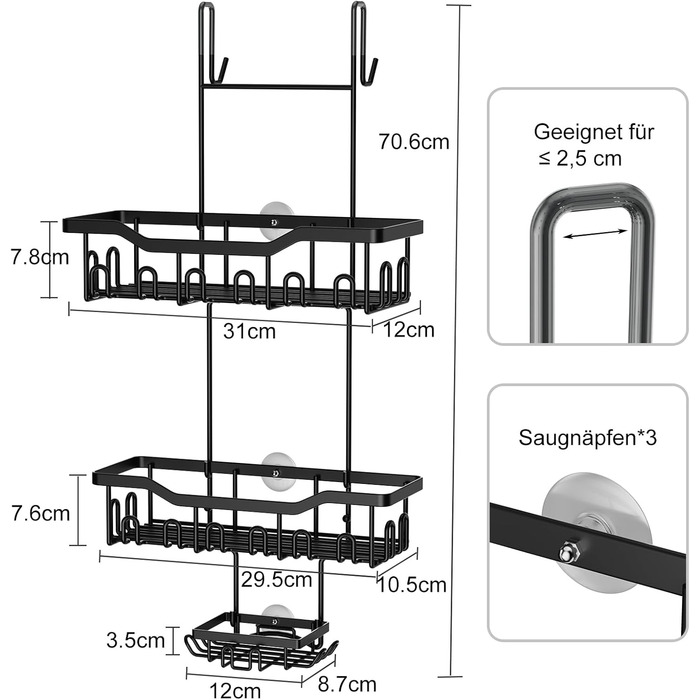 Підвісна душова полиця ZUIMENG, 3 яруси, без свердління, з мильницею та гачком, чорна