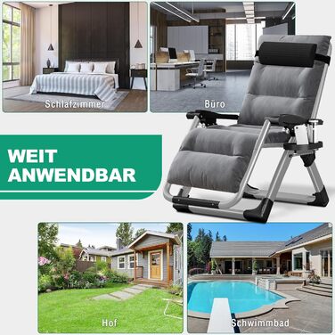 Шезлонг для відпочинку, розкладний, 200 кг, Zero Gravity, з подушкою, підстаканником, широкий, регульований, для саду, патіо, пляжу, басейну, сірий