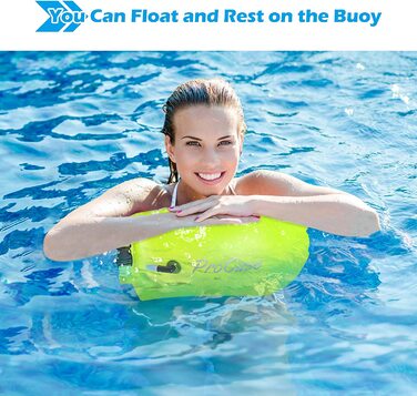 Надувний буй ProCase для плавання з подушкою безпеки об'ємом 10 л, надувний буй для плавання, плавальний буй з видимим сигналом для забезпечення безпеки при плаванні на відкритій воді і для тріатлону-неоново-жовтий