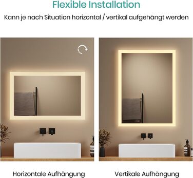 Дзеркало для ванної кімнати EMKE® з підсвічуванням 80x60 см, тепле біле світло 3000K, вимикач, вертикальна/горизонтальна установка, IP44, енергозберігаюче