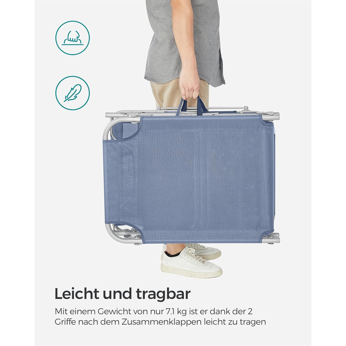 Лежак для відпочинку SONGMICS, розкладний, 193 x 53 x 29 см, до 150 кг, з підголовником, регульована спинка, для саду, басейну, тераси (Блакитний)