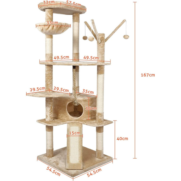 Котяче дерево з морської фіалки велике, міцне котяче дерево котяче дерево, колони, загорнуті натуральним сизалем, котяче дерево XXL з розширеною і потовщеною нижньою пластиною Багаторівнева платформа, 167 см (бежевий)