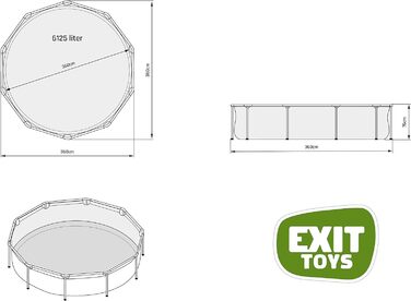 Дерев'яний басейн EXIT Toys - 220x150x65см - Прямокутний, компактний каркасний басейн з картриджним фільтруючим насосом - Легкодоступний - Підходить для малюків - Міцна рама - Унікальний дизайн - (ø 360 x 76 см, сірий)