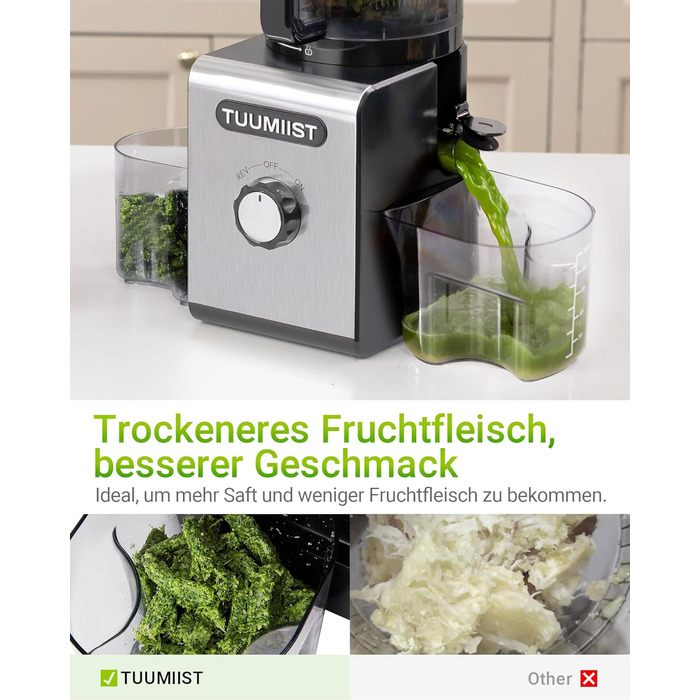 TUUMIIST Шнековий соковитискач XXL, 150 мм, 3 л, для сім'ї, 99% вижимка, BPA-free, REV Anti-Blockier System, чорний