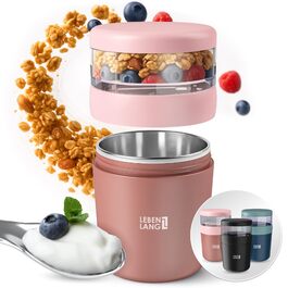 Мюслі-кружка LEBENLANG To Go з ложкою - ізольована чашка з нержавіючої сталі, 650 мл. Чашка для мюслі, йогурту, каші, для дітей та дорослих, рожева, 500 мл + 150 мл