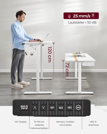 Електричний регульований стіл VASAGLE 120x60 см, білий + горіховий, з пам'яттю висоти, з розетками та ящиком