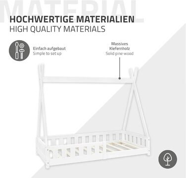 Дерев'яне ліжко-будиночок Tipi ML-Design для дітей 80x160 см з бар'єром та ламелями, з захистом від падіння, з сосни, для дівчаток та хлопчиків, ліжко-намет, індіанське ліжко